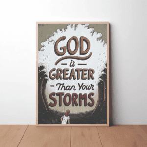 "God is Greater Than Your Storms" Hopeful Christian Printable Art Encouragement Poster Whimsical Illustration Wall Home Decor - Faith & Peace (John 16:33), Instant Digital Download