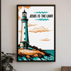 "Jesus is the Light" Lighthouse Illustration Christian Printable Art | John 8:12 Faith Poster | Nautical Scripture Wall Decor | Guidance & Hope Home Decor Gift | Instant Digital Download