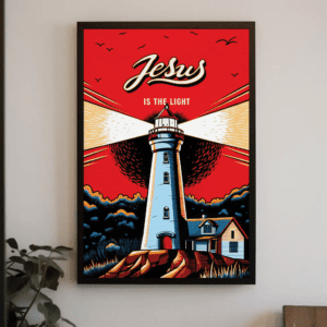 "Jesus is the Light" Lighthouse Christian Printable Art | John 8:12 Faith Poster | Guidance Wall Decor | Bold Graphic Religious Print | Instant Digital Download