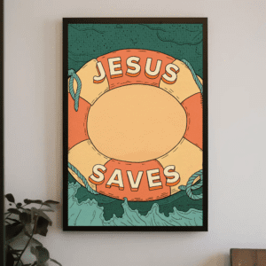 "Jesus Saves" Lifebuoy Christian Printable Art | Salvation Faith Poster | Retro Nautical Wall Decor | Hope & Rescue Religious Print | Instant Digital Download