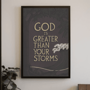 "God is Greater Than Your Storms" Moody Forest Christian Printable Art Encouragement Poster Illustration Wall Home Decor - Sovereignty & Peace (Psalm 93:4), Printable, Instant Digital Download